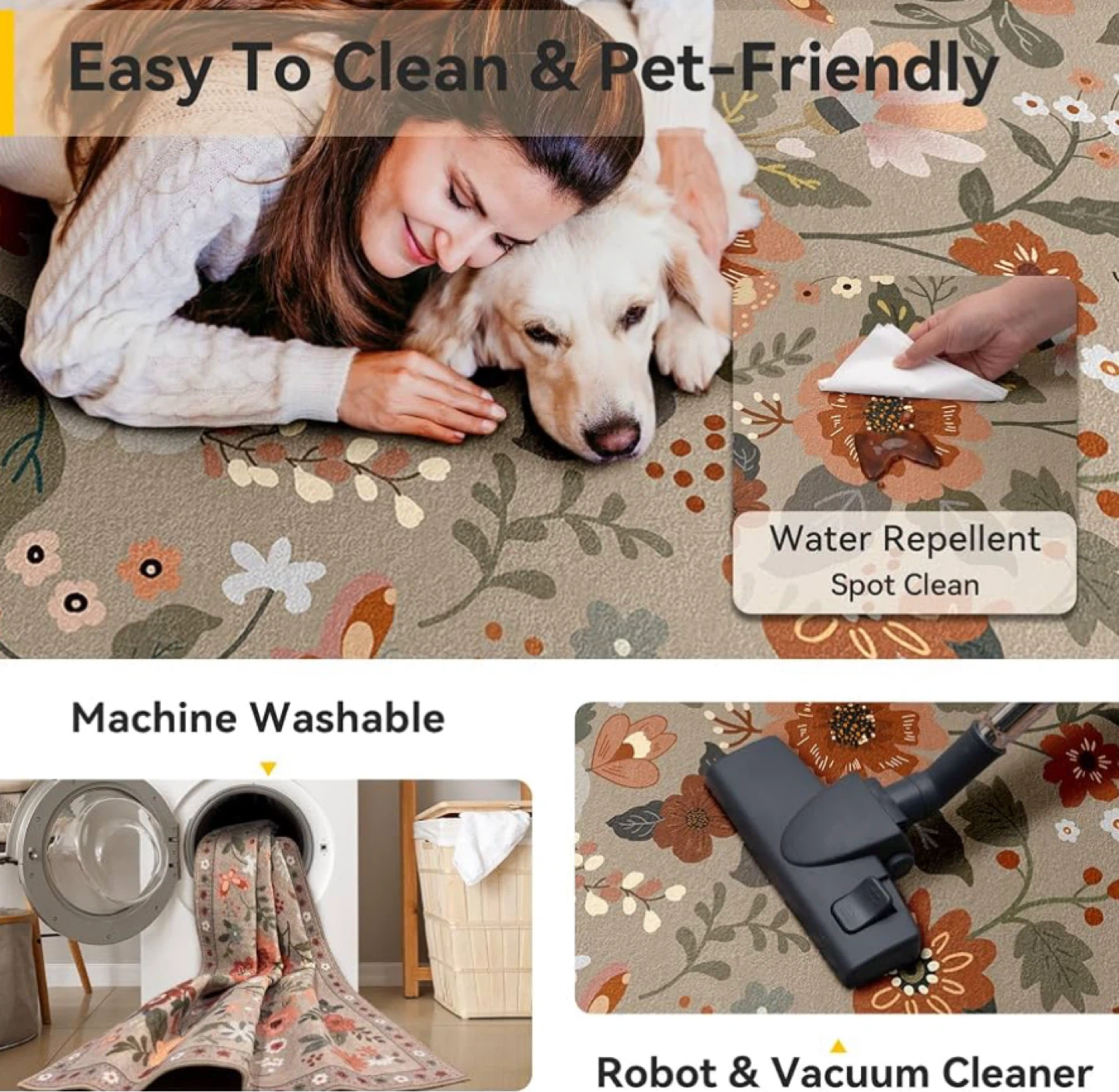 Floral Area Rug - 5x7 Low Pile & Foldable Washable - photo 5