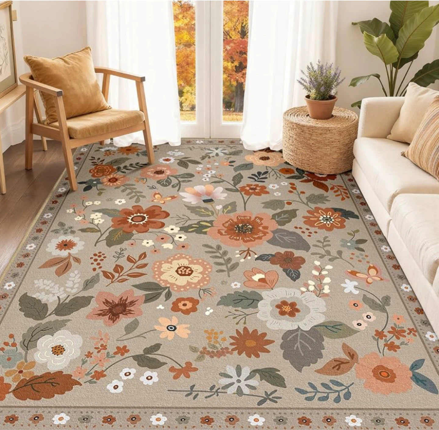 Floral Area Rug - 5x7 Low Pile & Foldable Washable