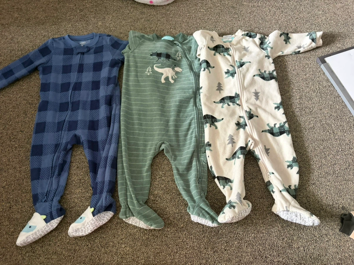 Pekkle Dinosaur & Buffalo Check Footed Pajamas - 3 Pairs