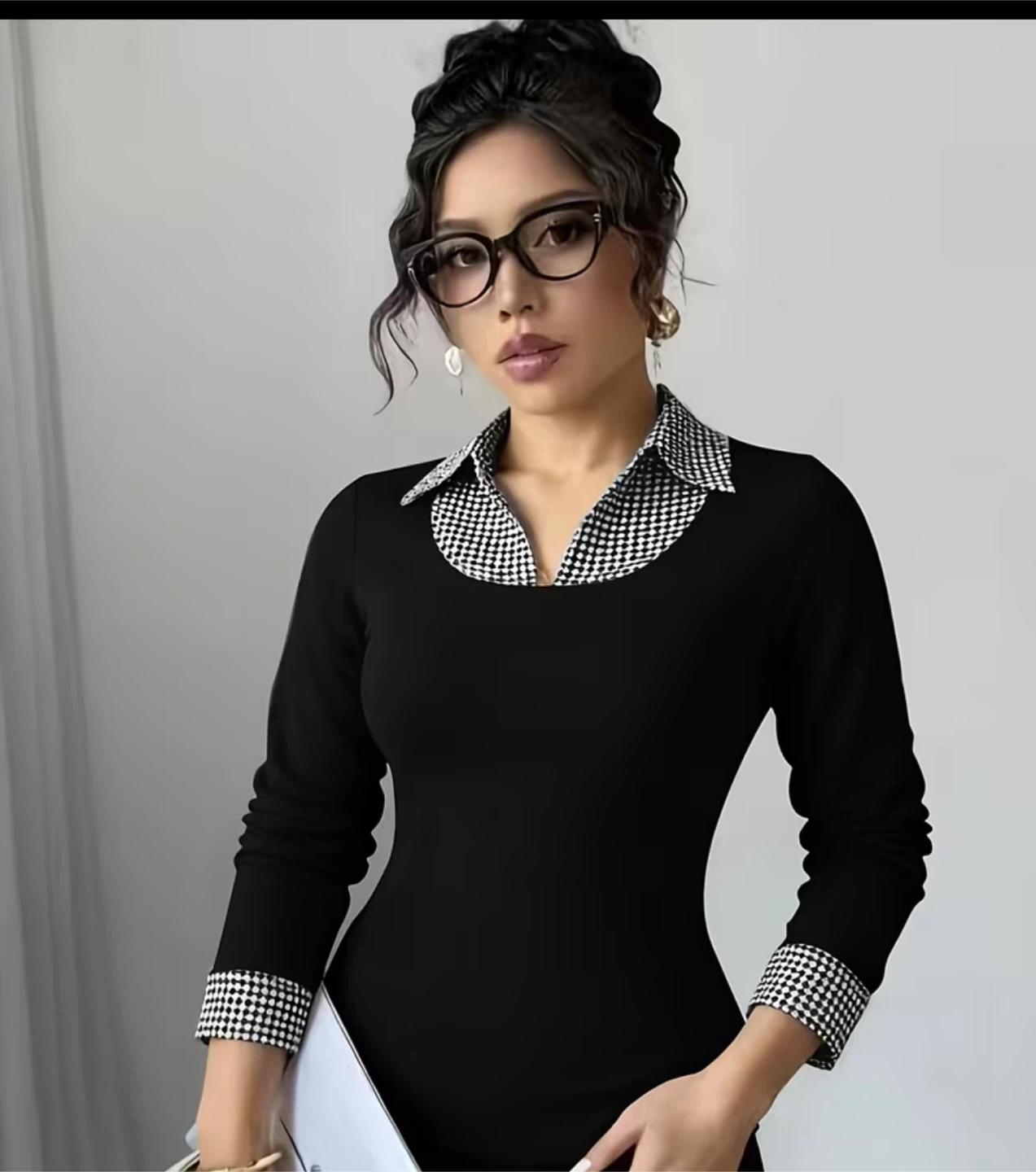 Women's Black Dress with Houndstooth Collar and Cuffs