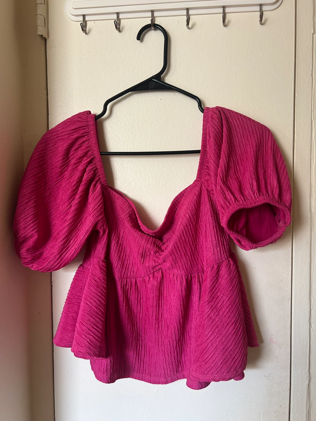 Women's Pink Textured Puff Sleeve Top
