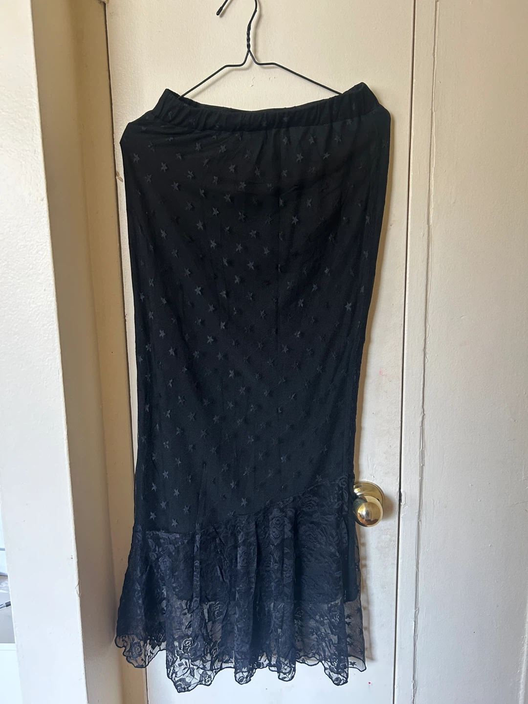 Black Star Mesh Maxi Skirt with Lace Trim