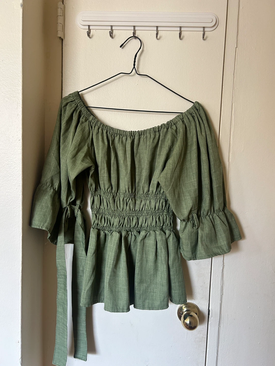 Green Off-the-Shoulder Blouse with Tie Sleeves