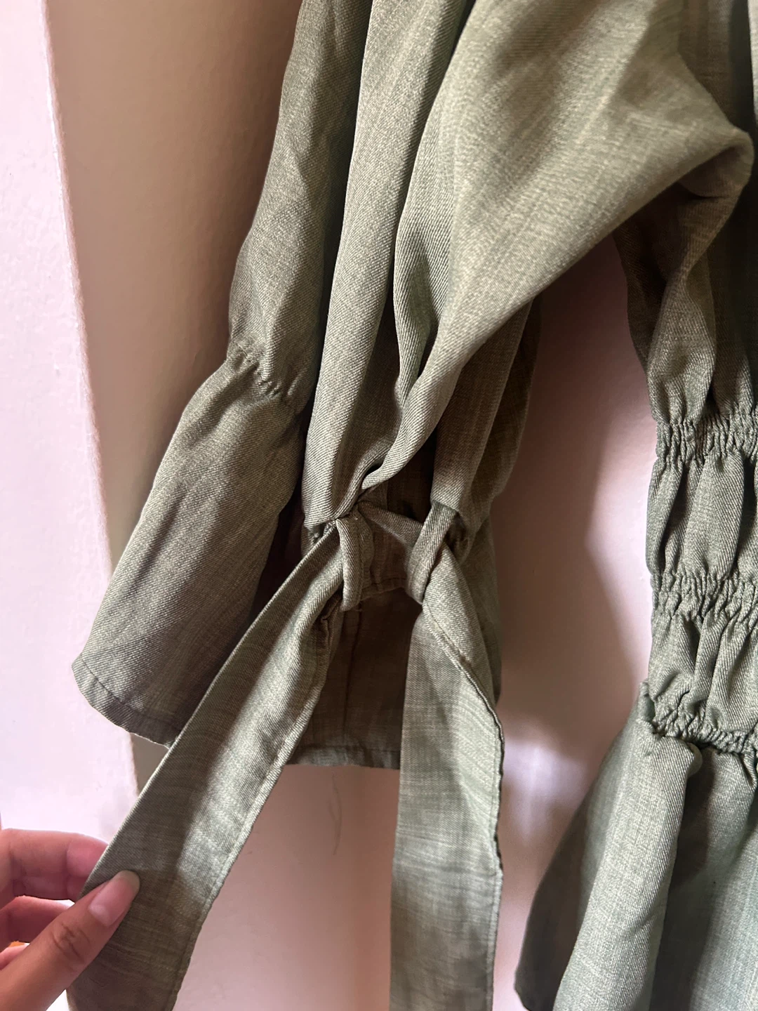 Green Off-the-Shoulder Blouse with Tie Sleeves - photo 3
