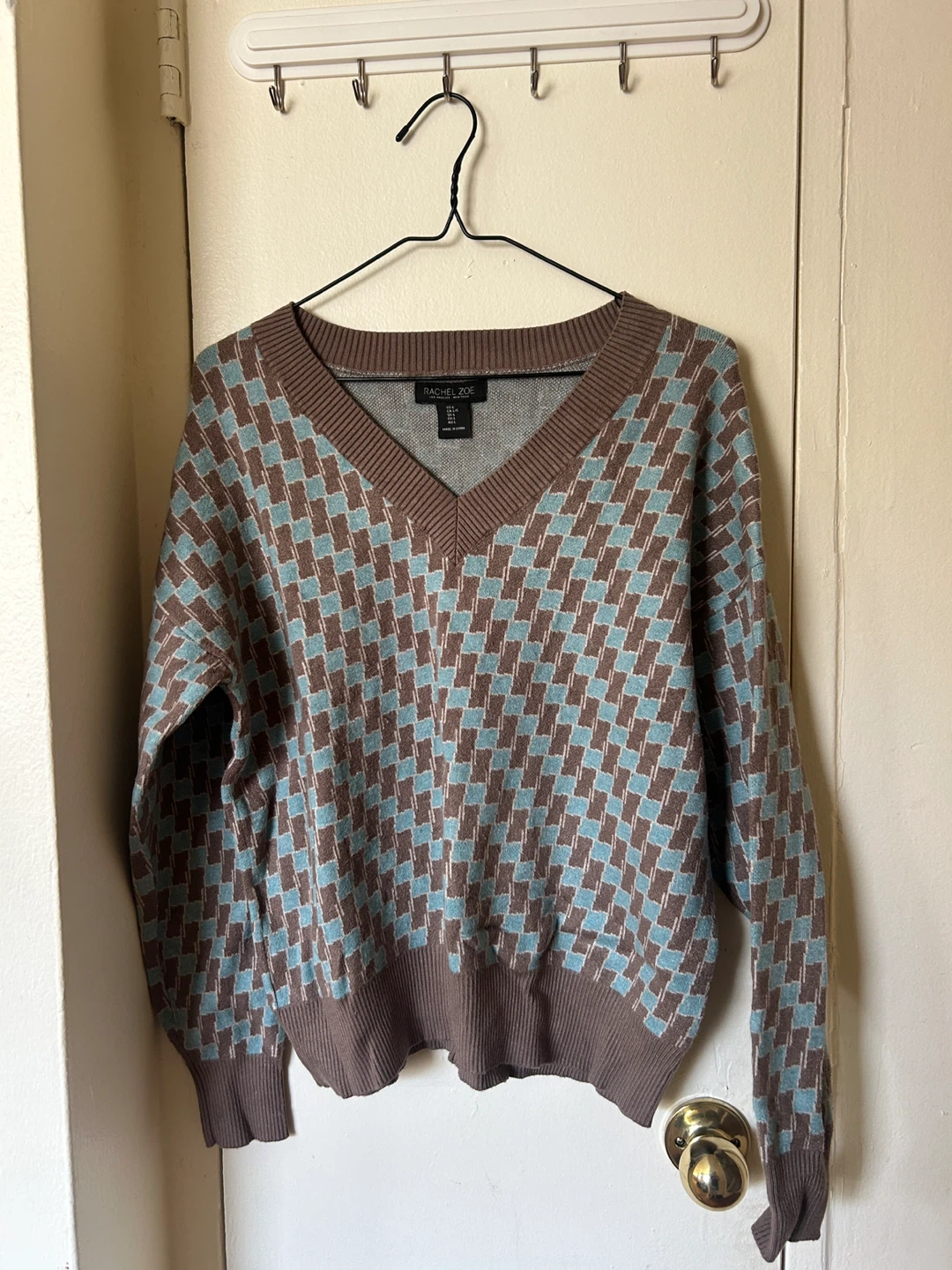 Rachel Zoe V-Neck Sweater - Brown & Blue Geometric Pattern