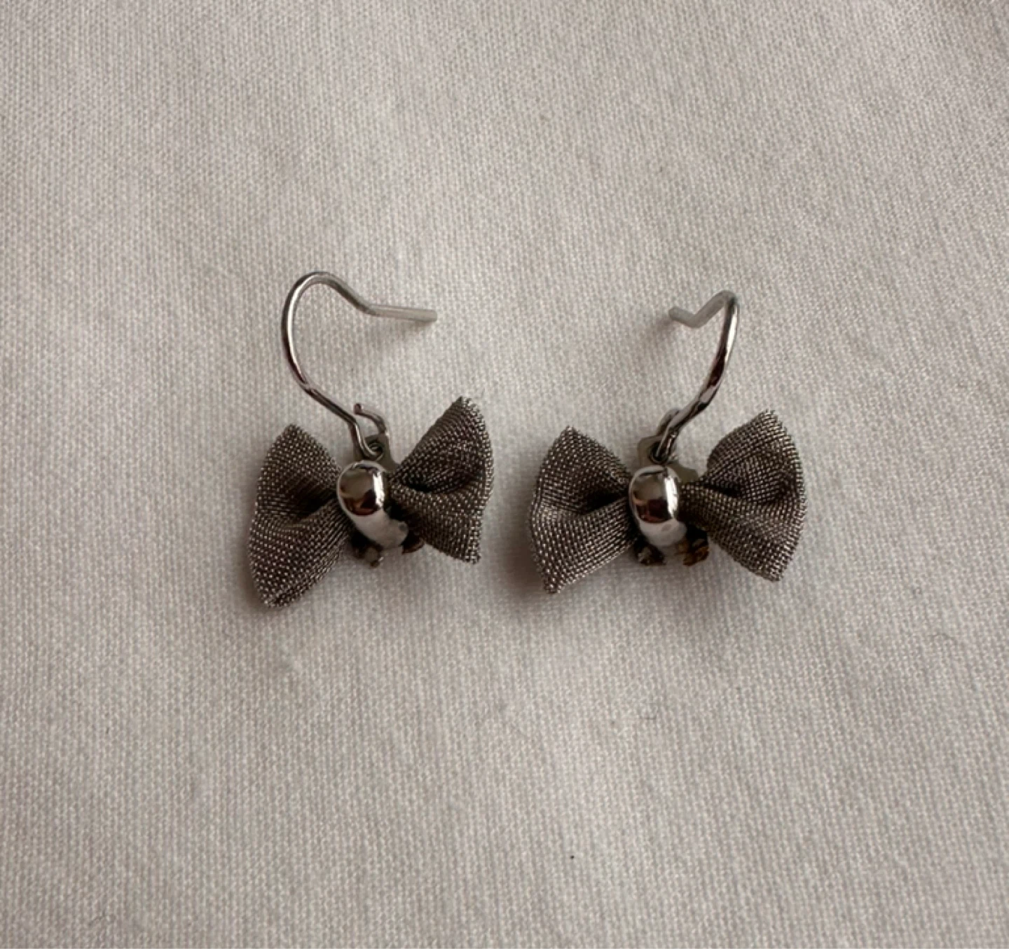 Grey Bow Earrings with Silver Ball Accent