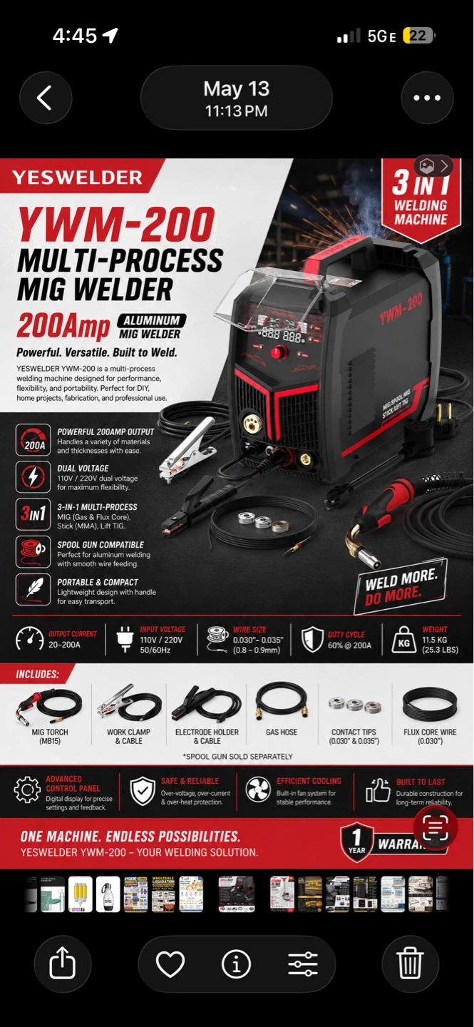 YESWELDER YWM-200 Multi-Process MIG Welder 200Amp