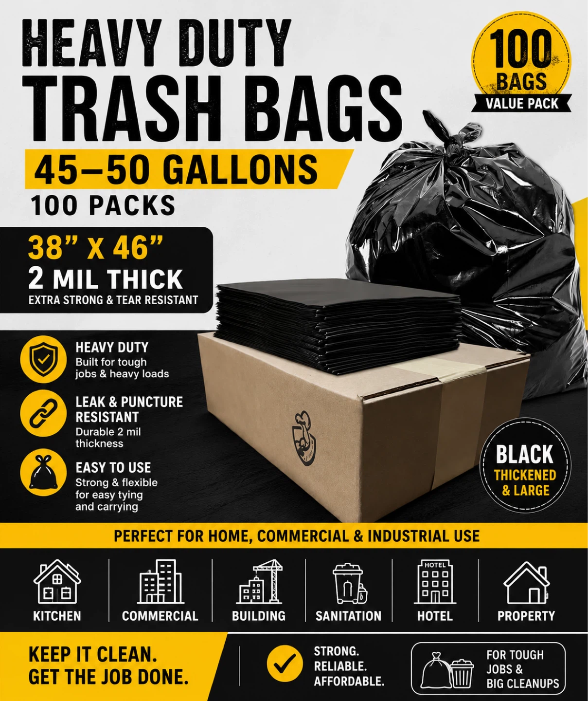 Heavy Duty Trash Bags 38" x 46" 100 Count