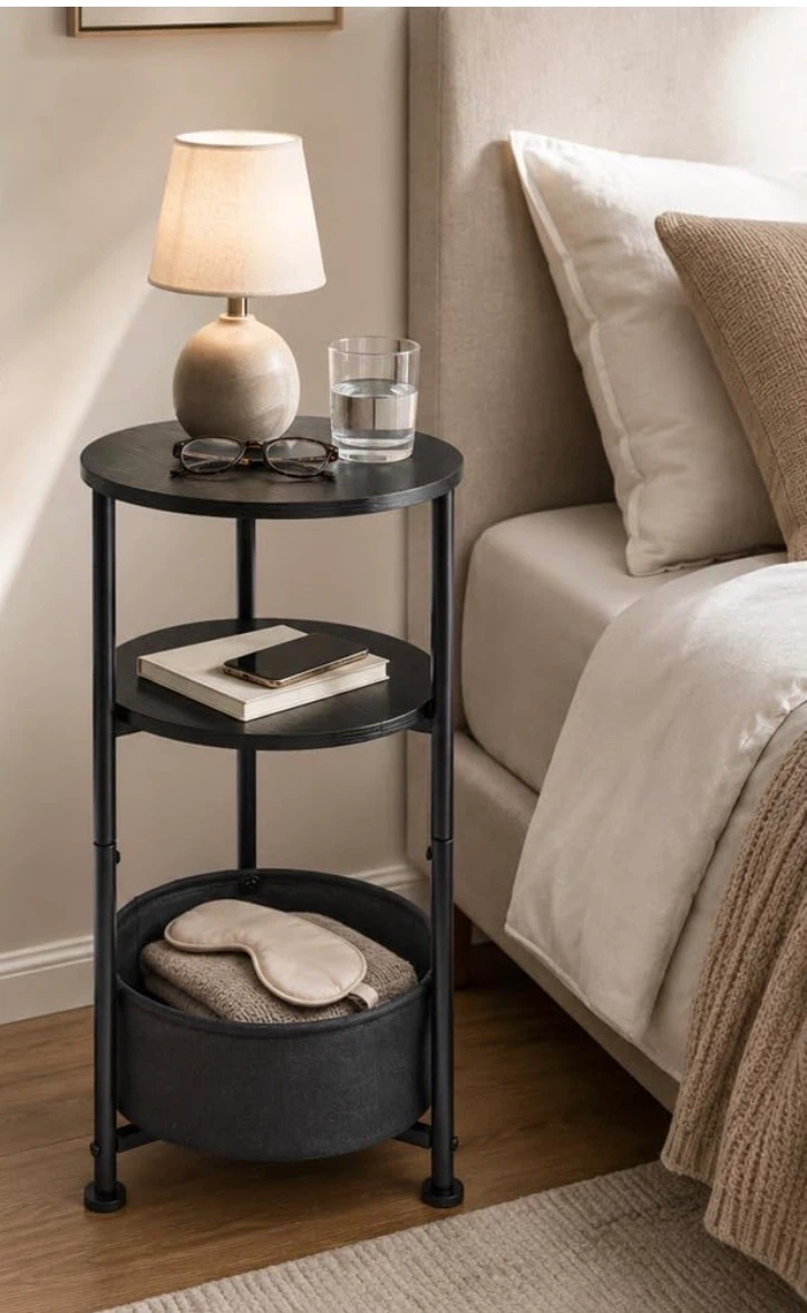 Black 3-Tier Round Side Table with Storage Basket - photo 3