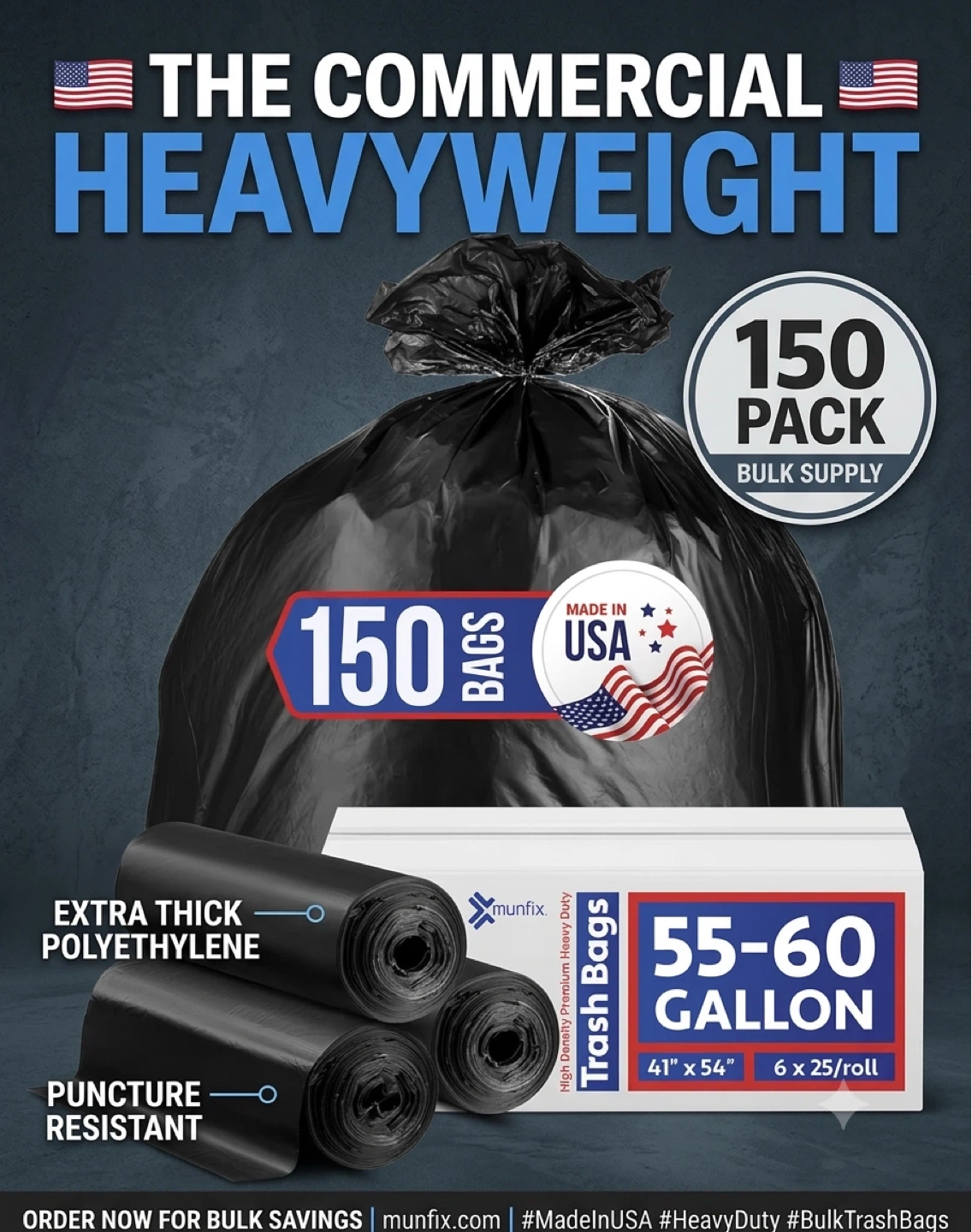 Munfix Commercial Heavy Duty Trash Bags - 150 Count, 55-60 GL