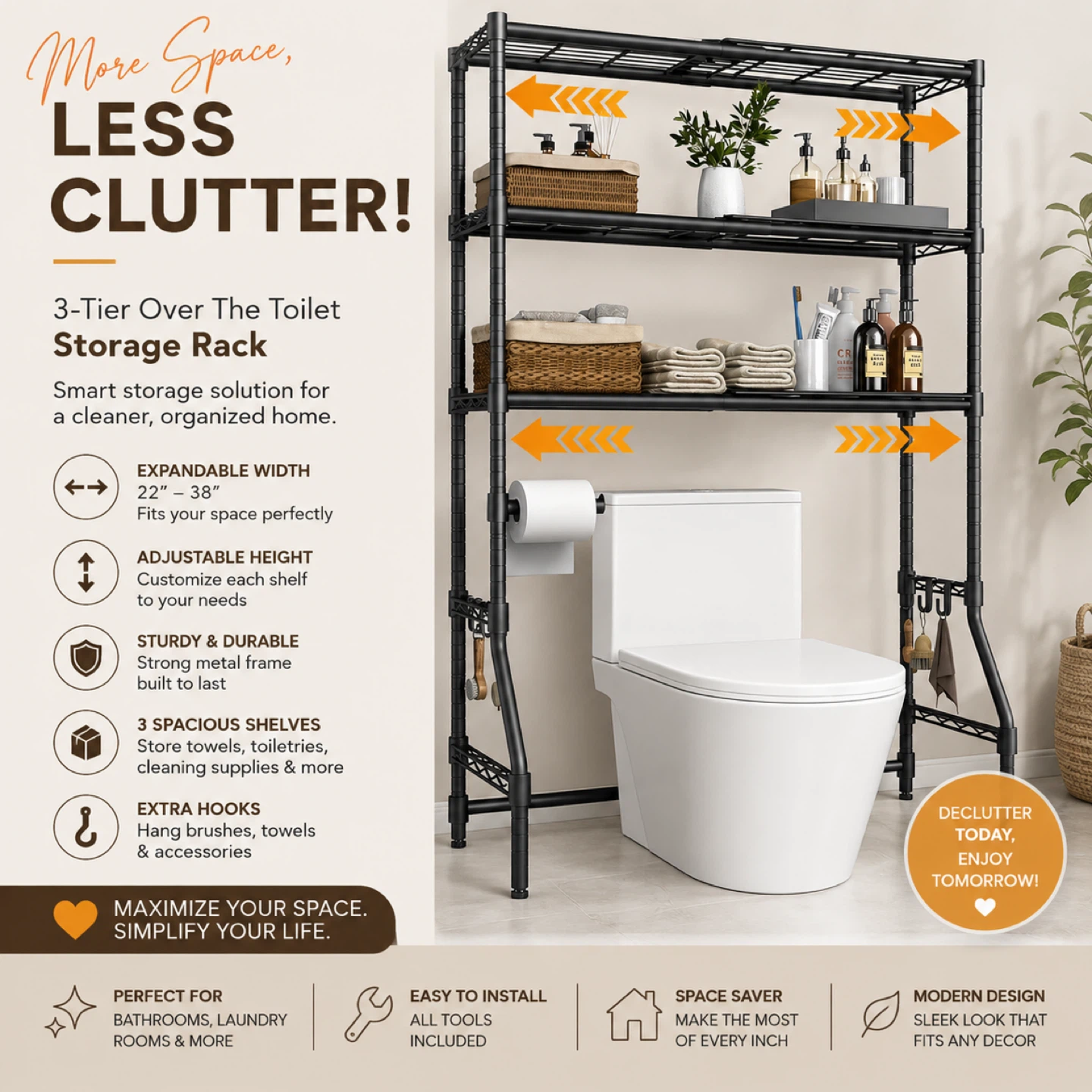 3-Tier Over The Toilet Storage Rack - Expandable Metal Frame