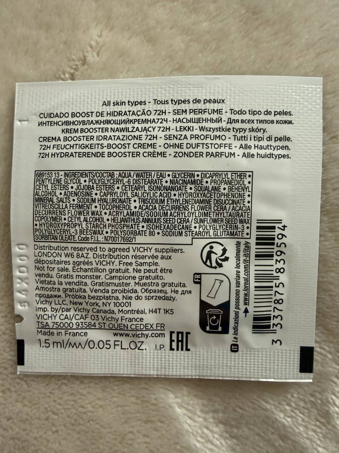 Vichy Mineral 89 72H Moisture Boosting Cream Sample (4-Pack) - photo 2