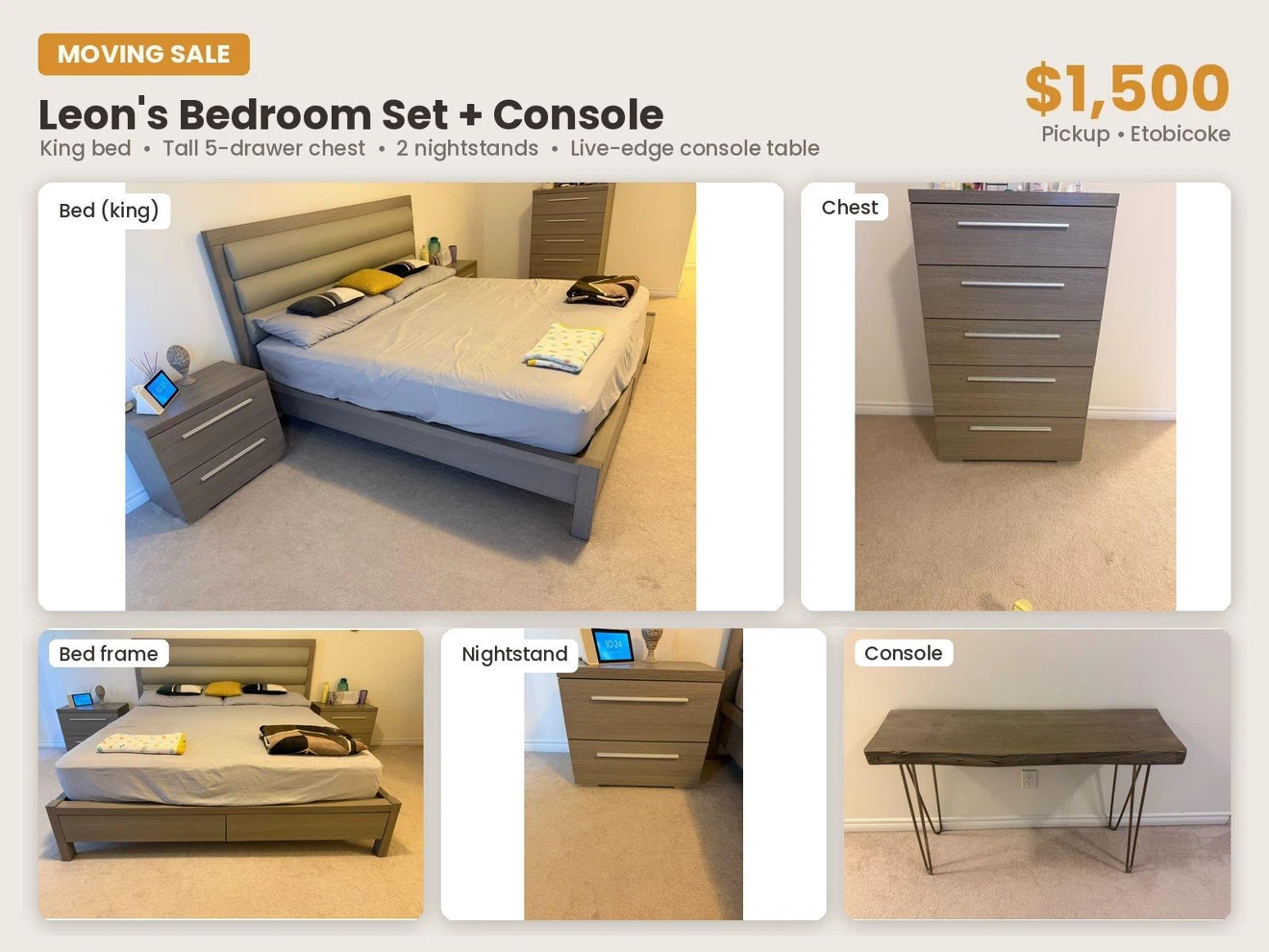 Moving sale — gorgeous Leon’s bedroom set + console table 🏡