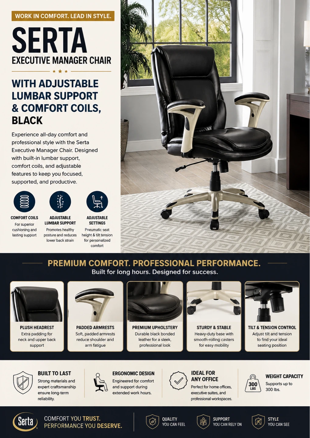 Serta Executive Manager Adjustable Lumbar Support Comfort Coils