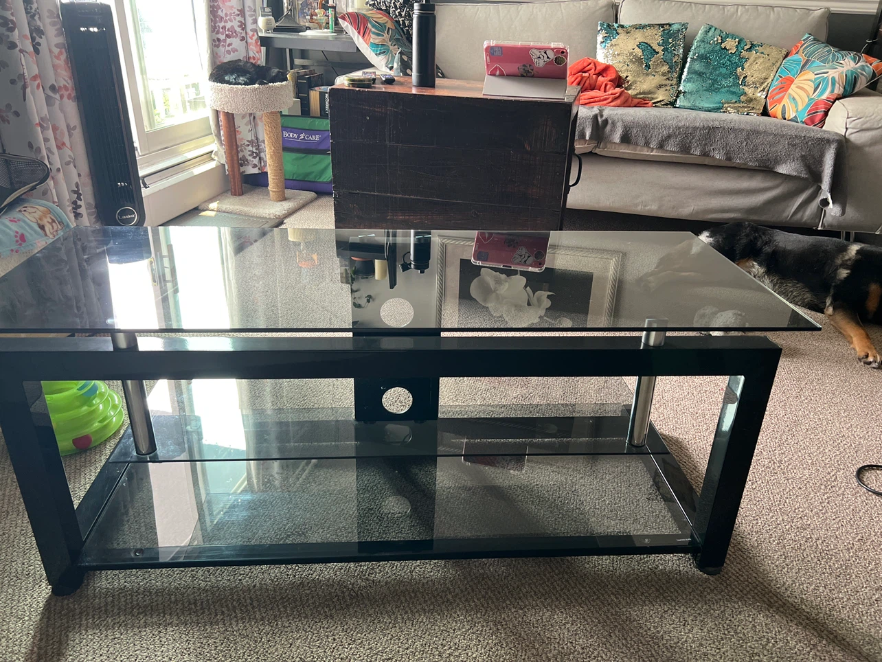 Black Glass Tv Stand with center Shelf