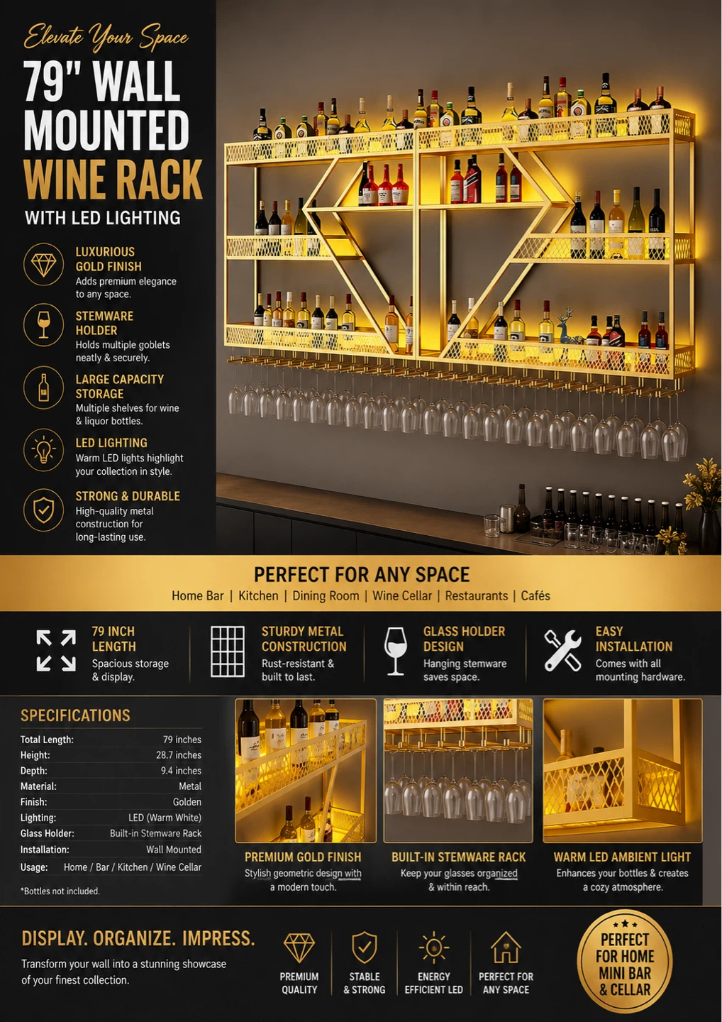 79" Wall Mounted Wine Rack with LED Lighting