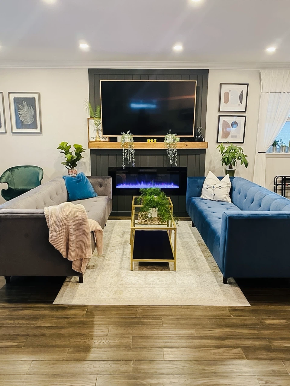 $299 each -Velvet Tufted Sofa - Blue and Green free table