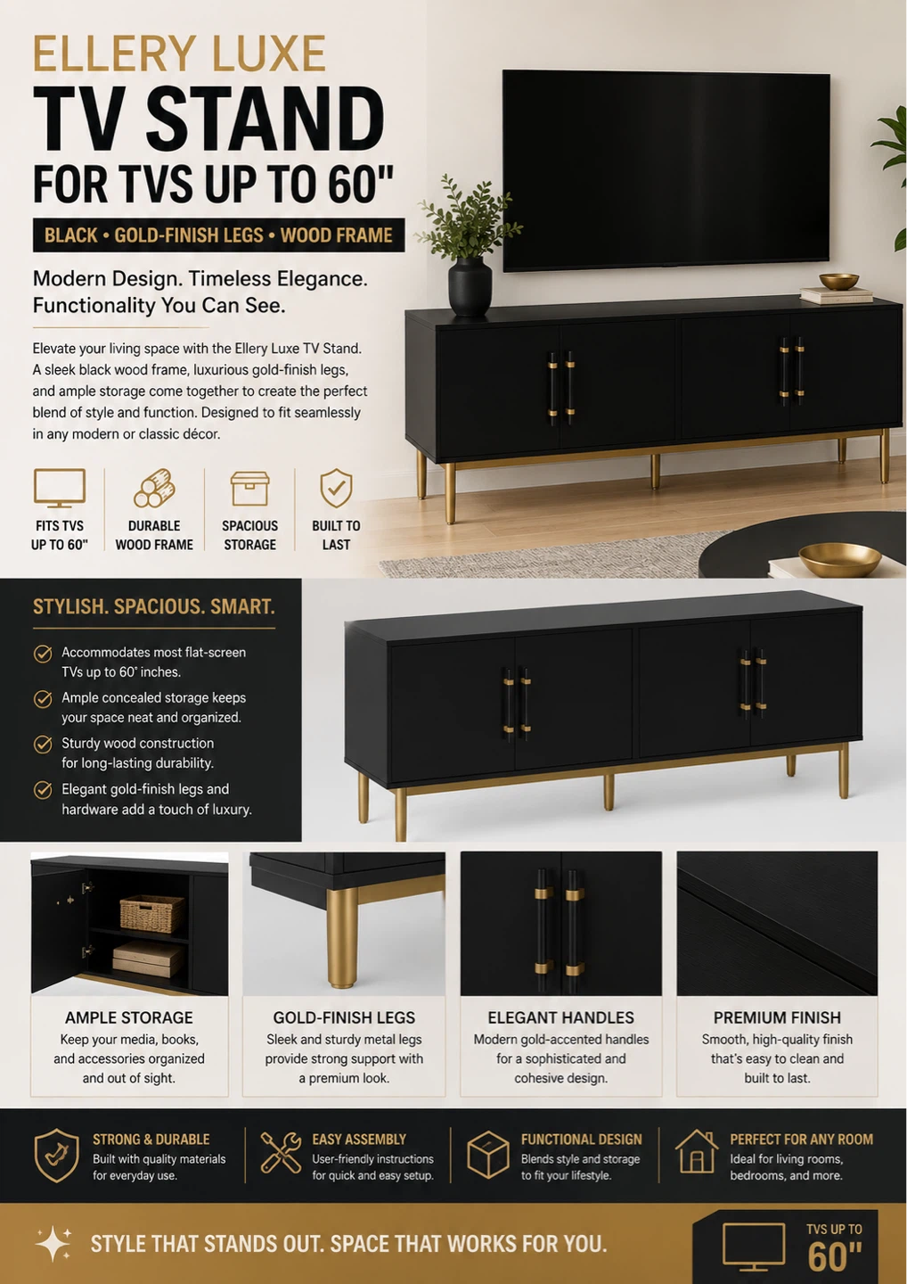 Ellery Luxe Black TV Stand for TVs up to 60"