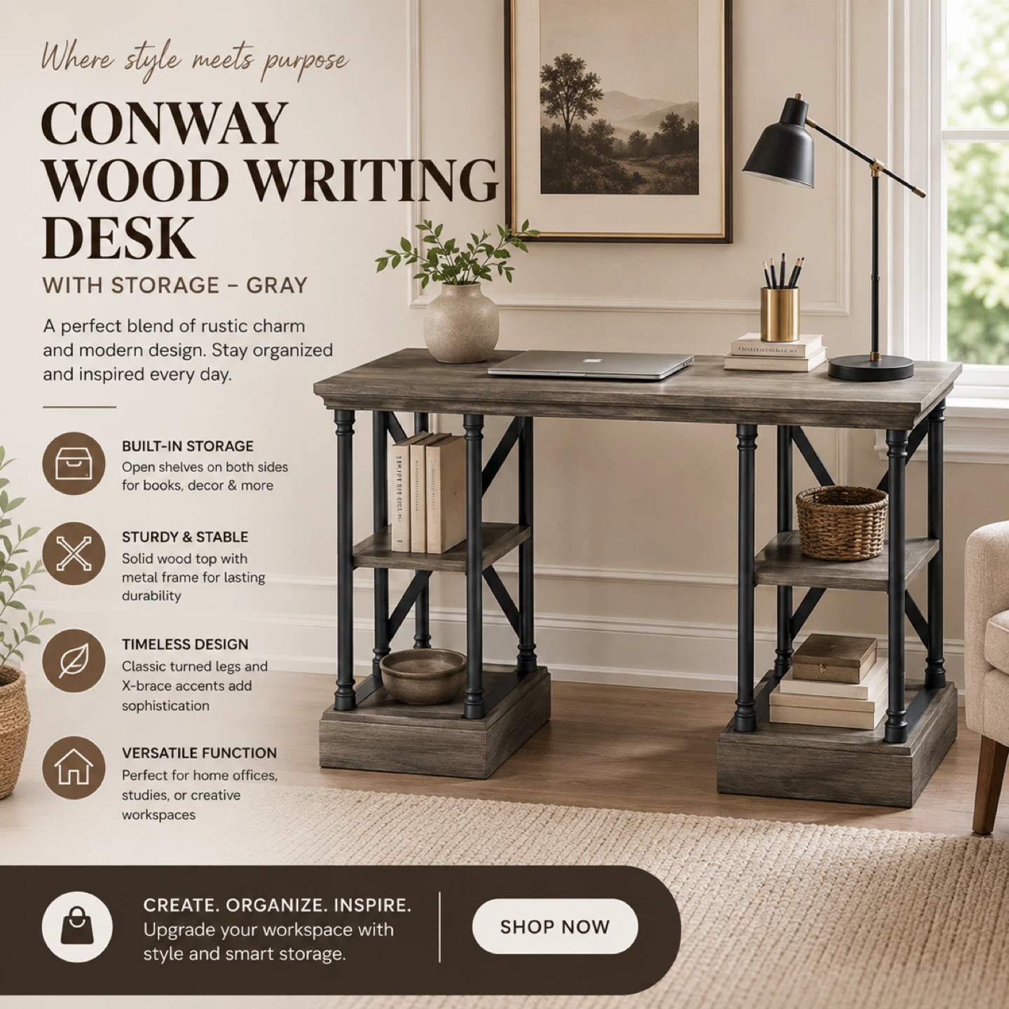 Conway Wood Writing Desk with Storage - Gray