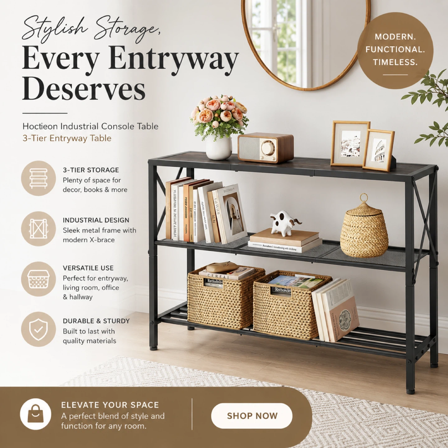 Hoctieon Industrial Console Table - 3-Tier Entryway Table