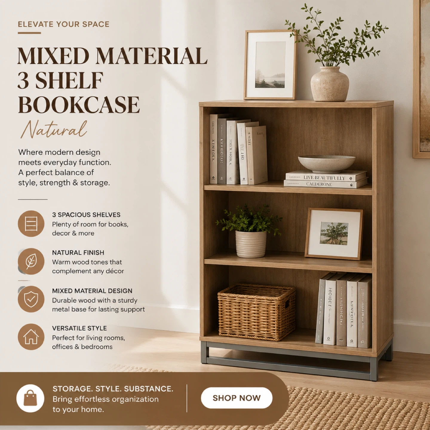 Mixed Material 3 Shelf Bookcase - Natural