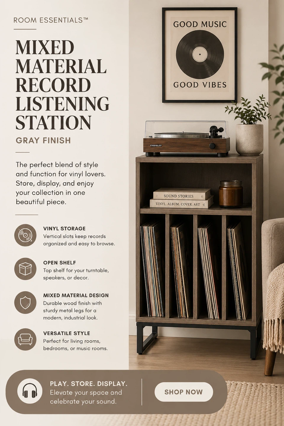 Room Essentials Mixed Material Record Listening Station - Gray