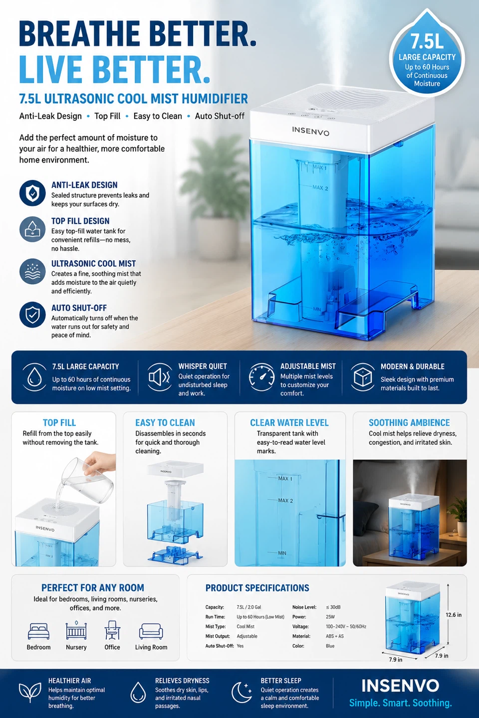 Insenvo 7.5L Ultrasonic Cool Mist Humidifier - Blue