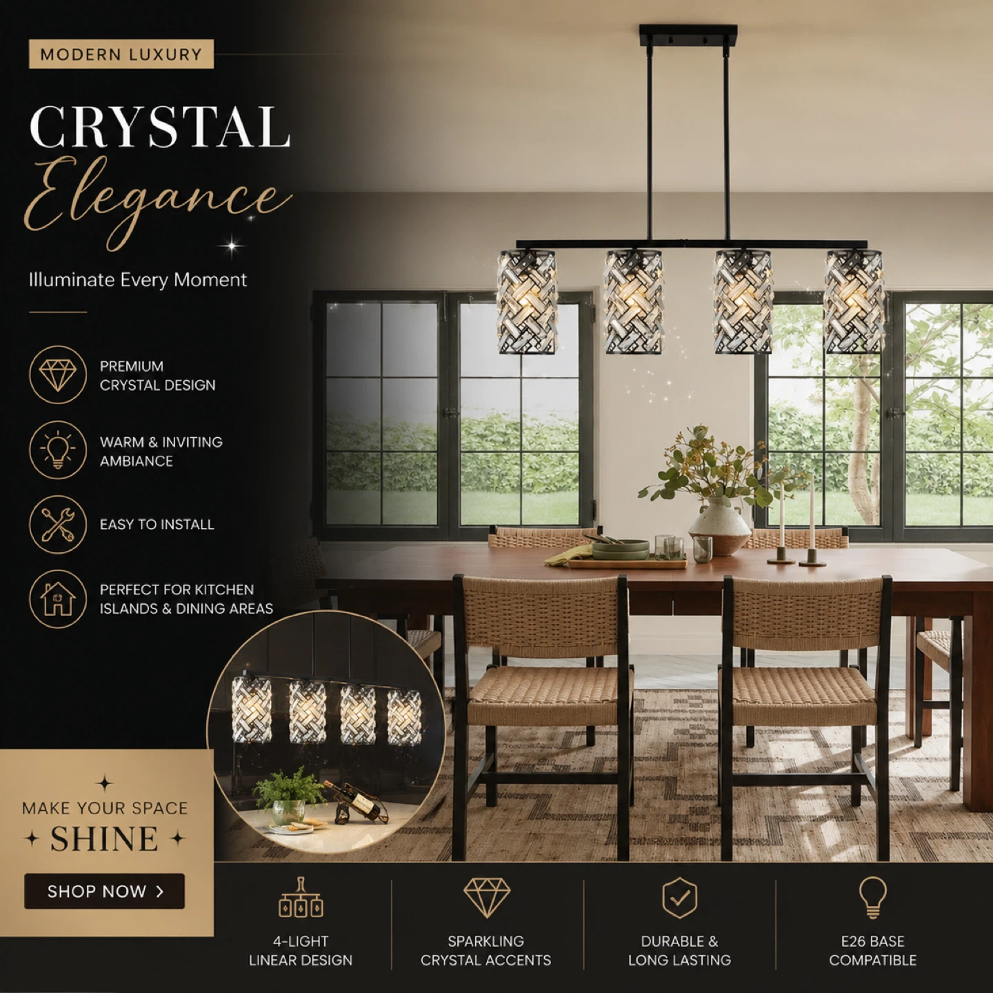 4-Light Linear Crystal Chandelier