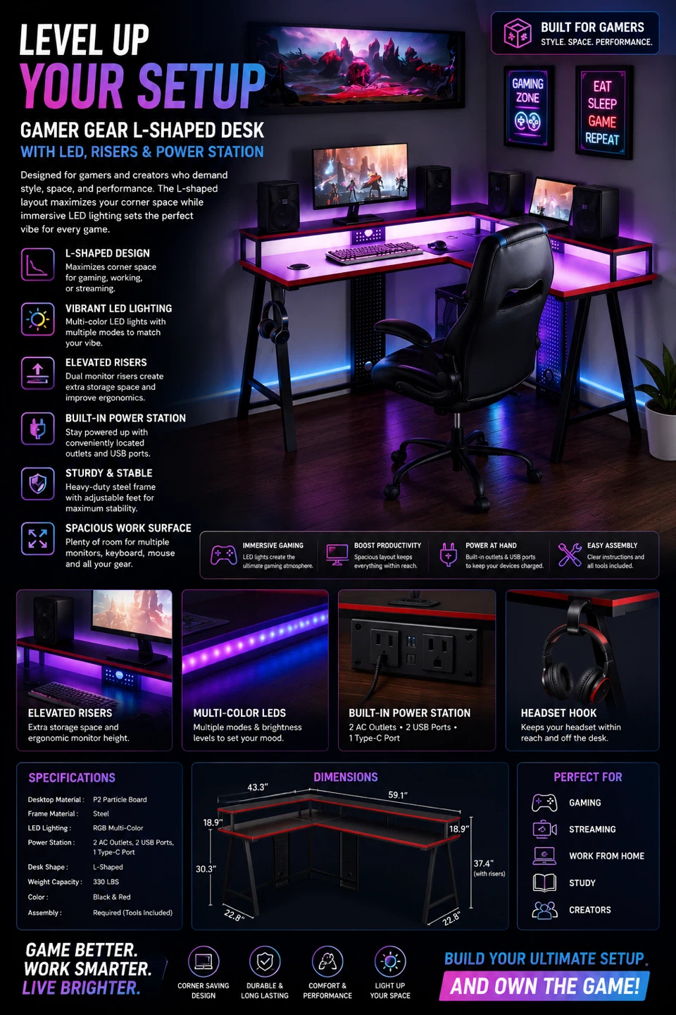 L-Shaped Gaming Desk with LED, Risers & Power Station