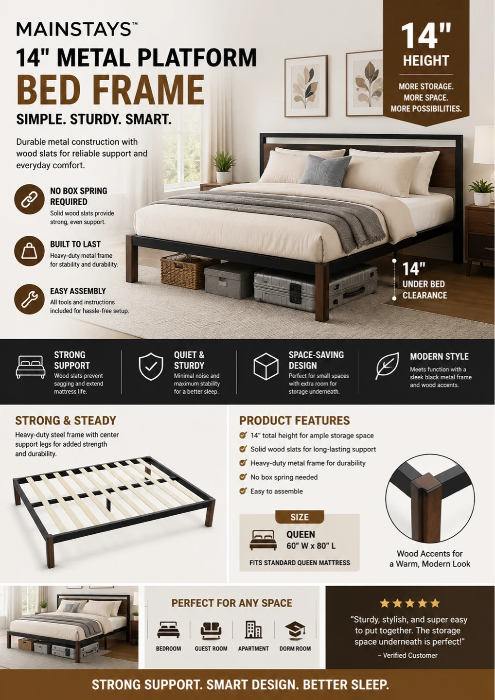 Mainstays 14" Metal Platform Bed Frame - Queen