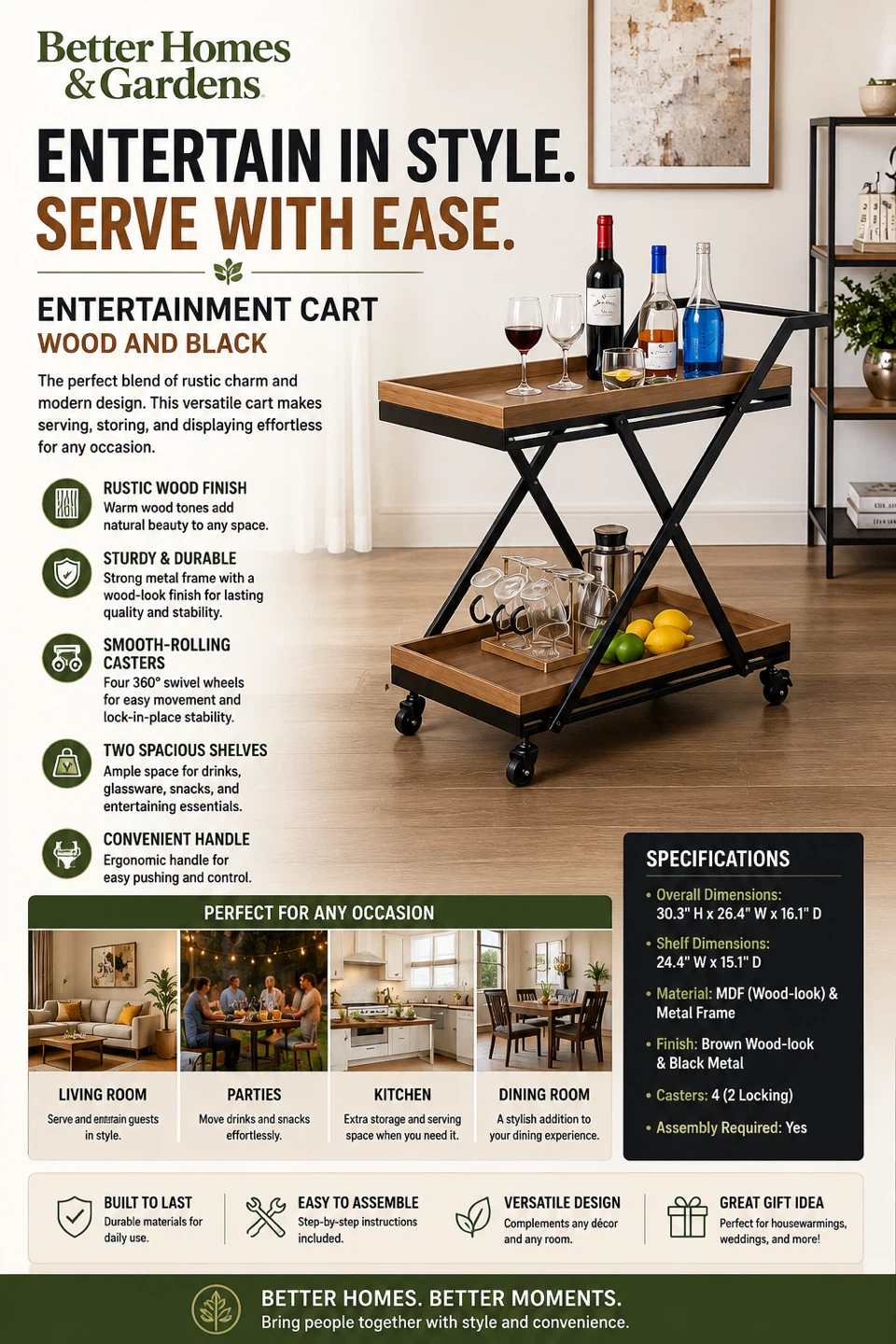 Better Homes & Gardens Entertainment Cart - Wood & Black