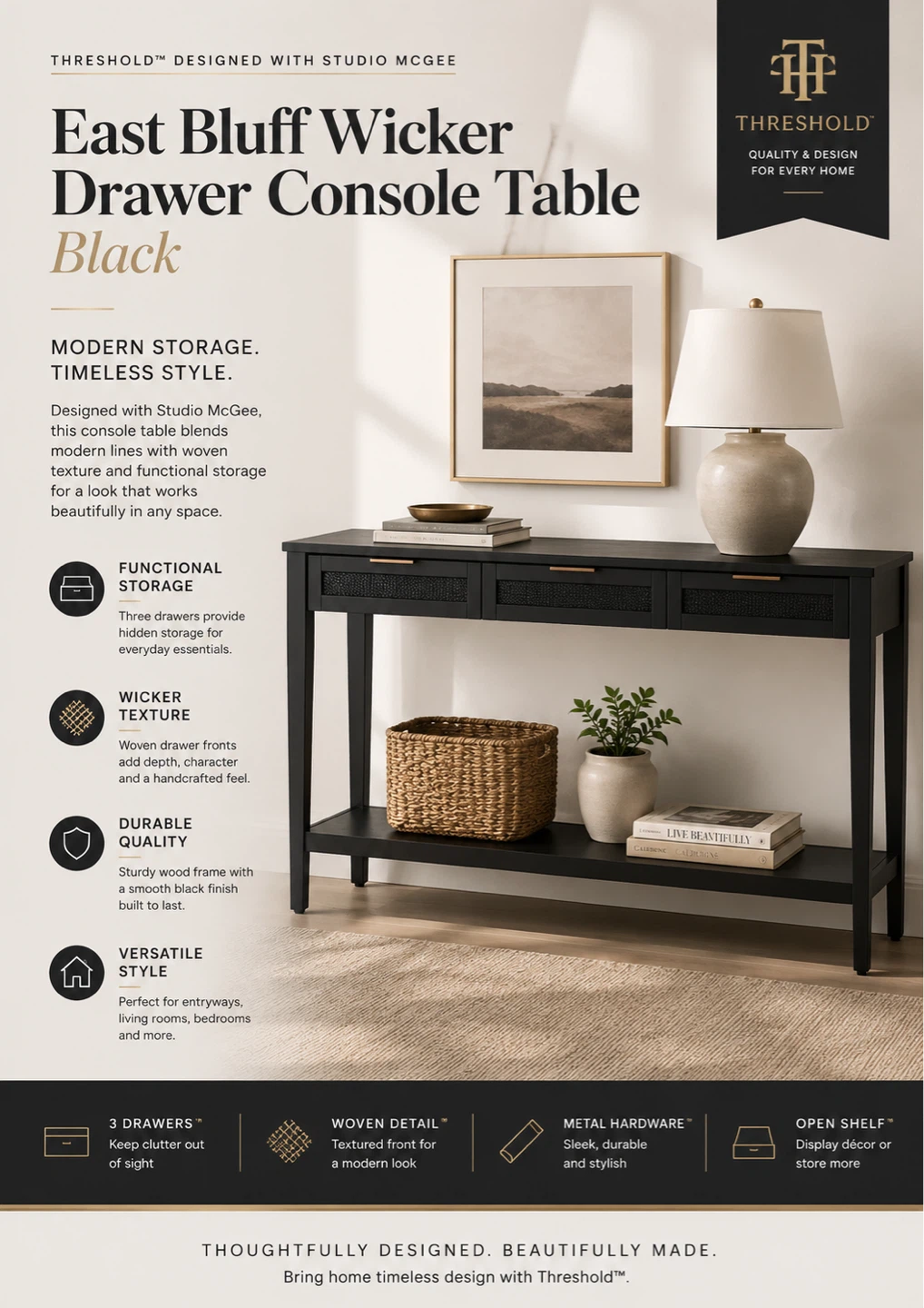 Threshold East Bluff Wicker Drawer Console Table - Black