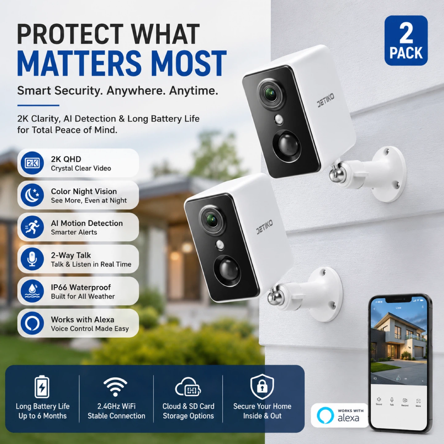 JETIKO 2K QHD Wireless Security Camera System - 2 Pack