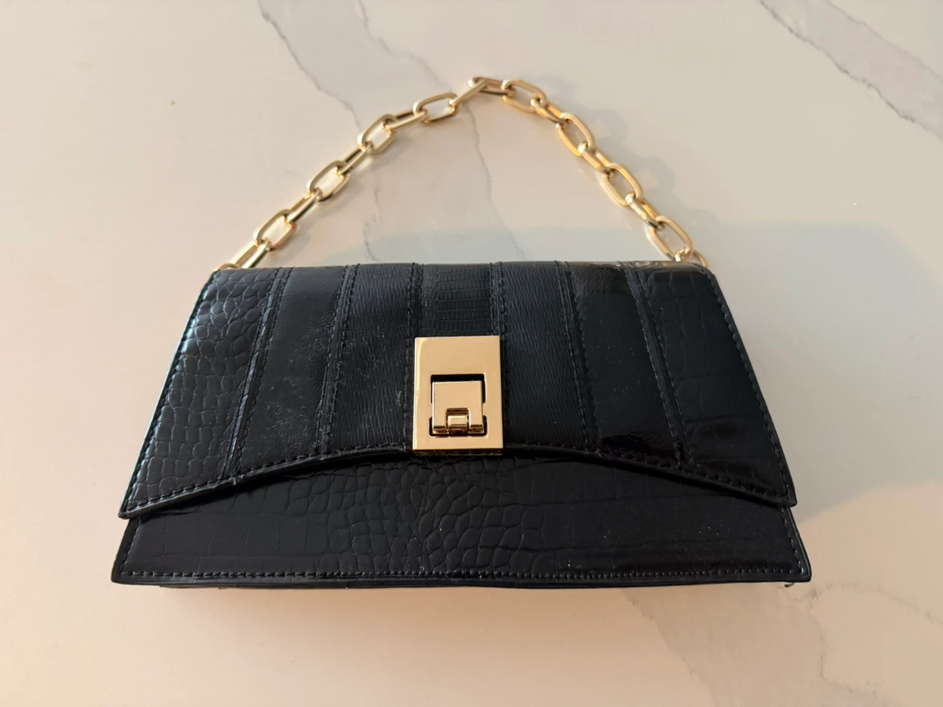 Black Handbag with Gold Chain Strap