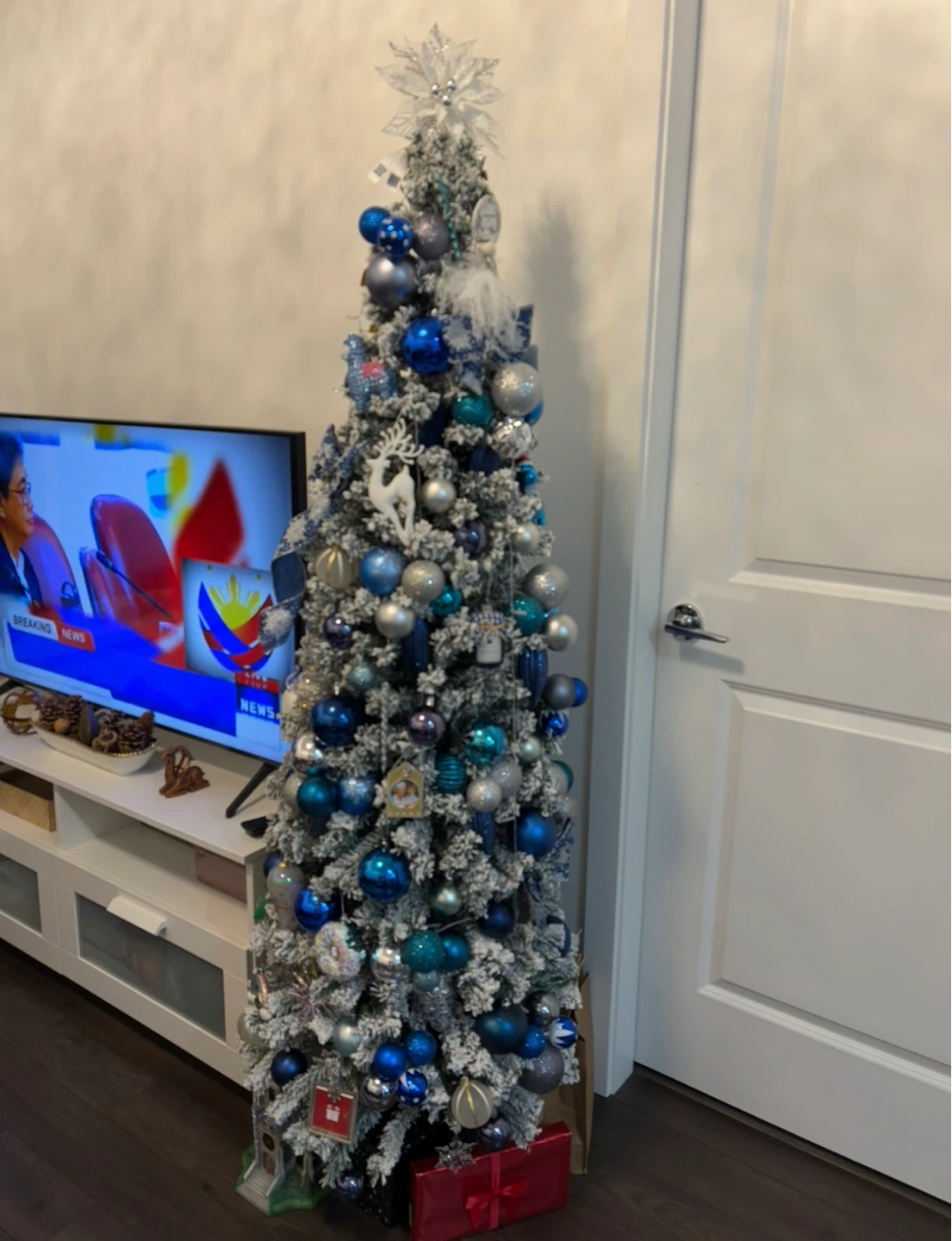 Flocked Christmas Tree with Blue and Silver Ornaments - photo 4