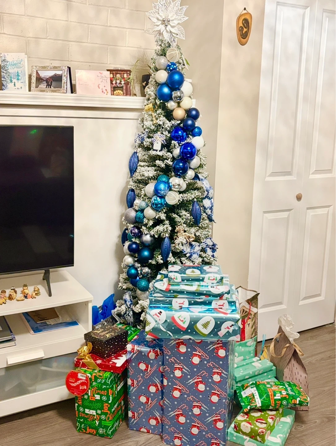 Flocked Christmas Tree with Blue and Silver Ornaments - photo 3