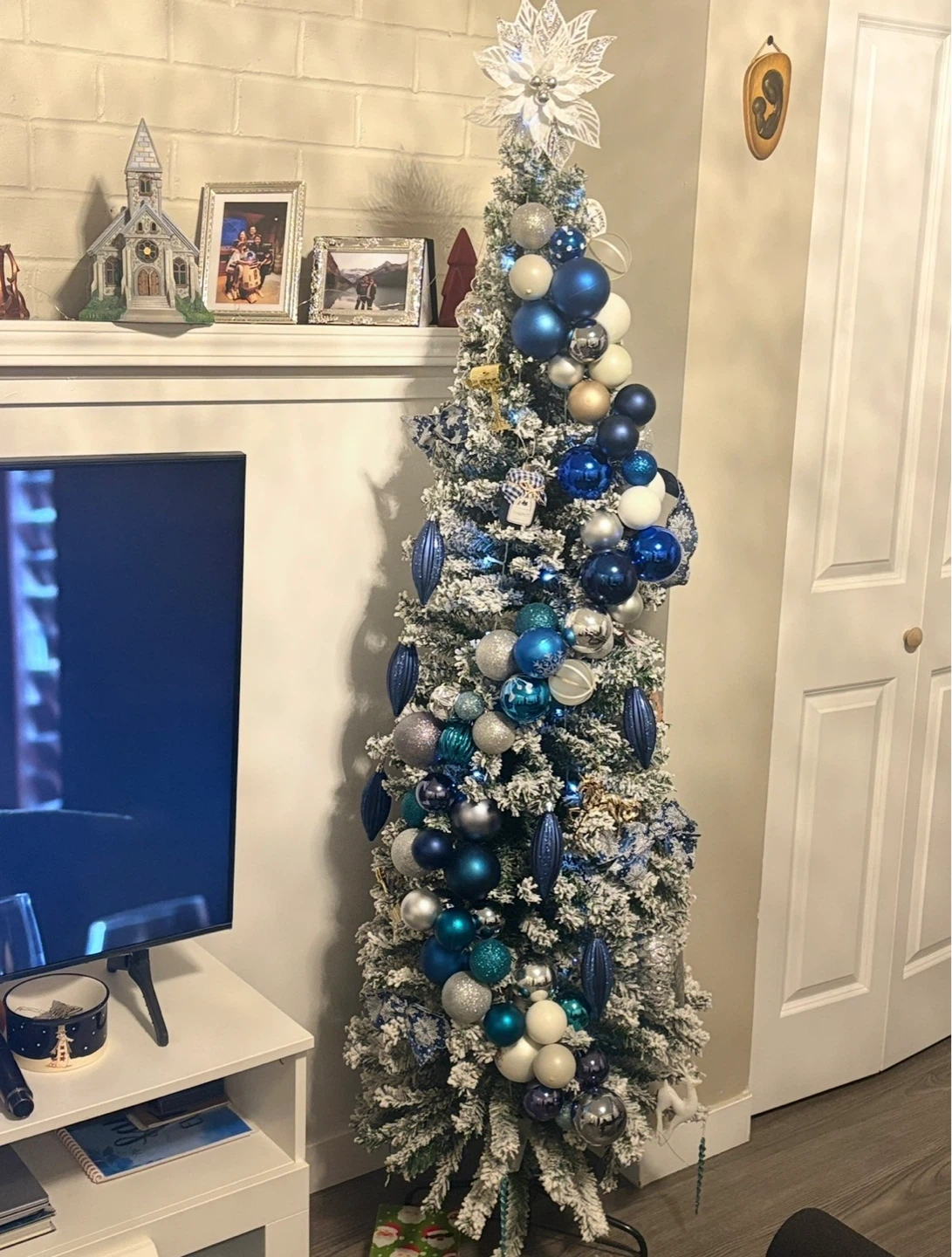 Flocked Christmas Tree with Blue and Silver Ornaments - photo 2
