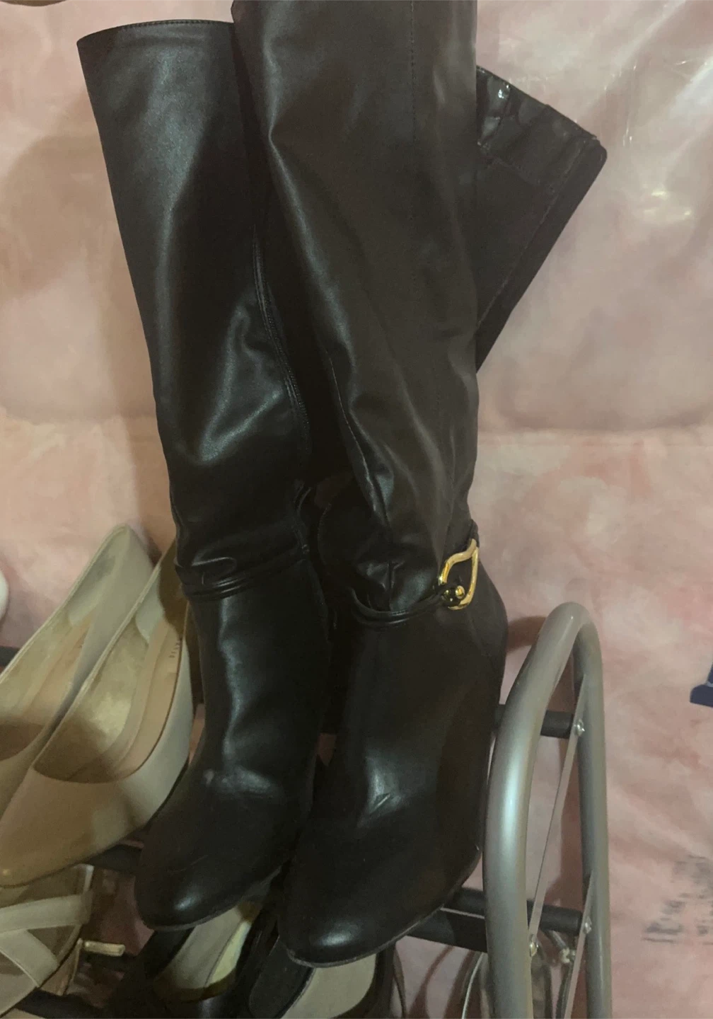 Black Tall Boots with Gold Buckle Accent