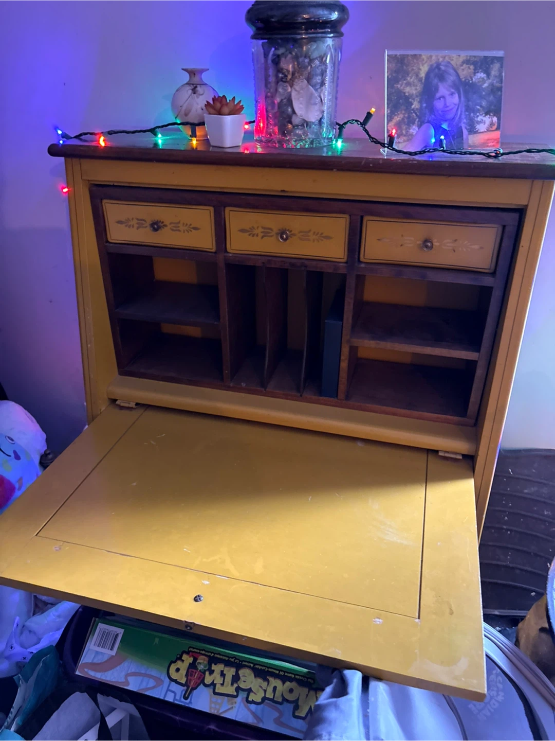 Yellow Secretary Desk with Drawers and Shelves