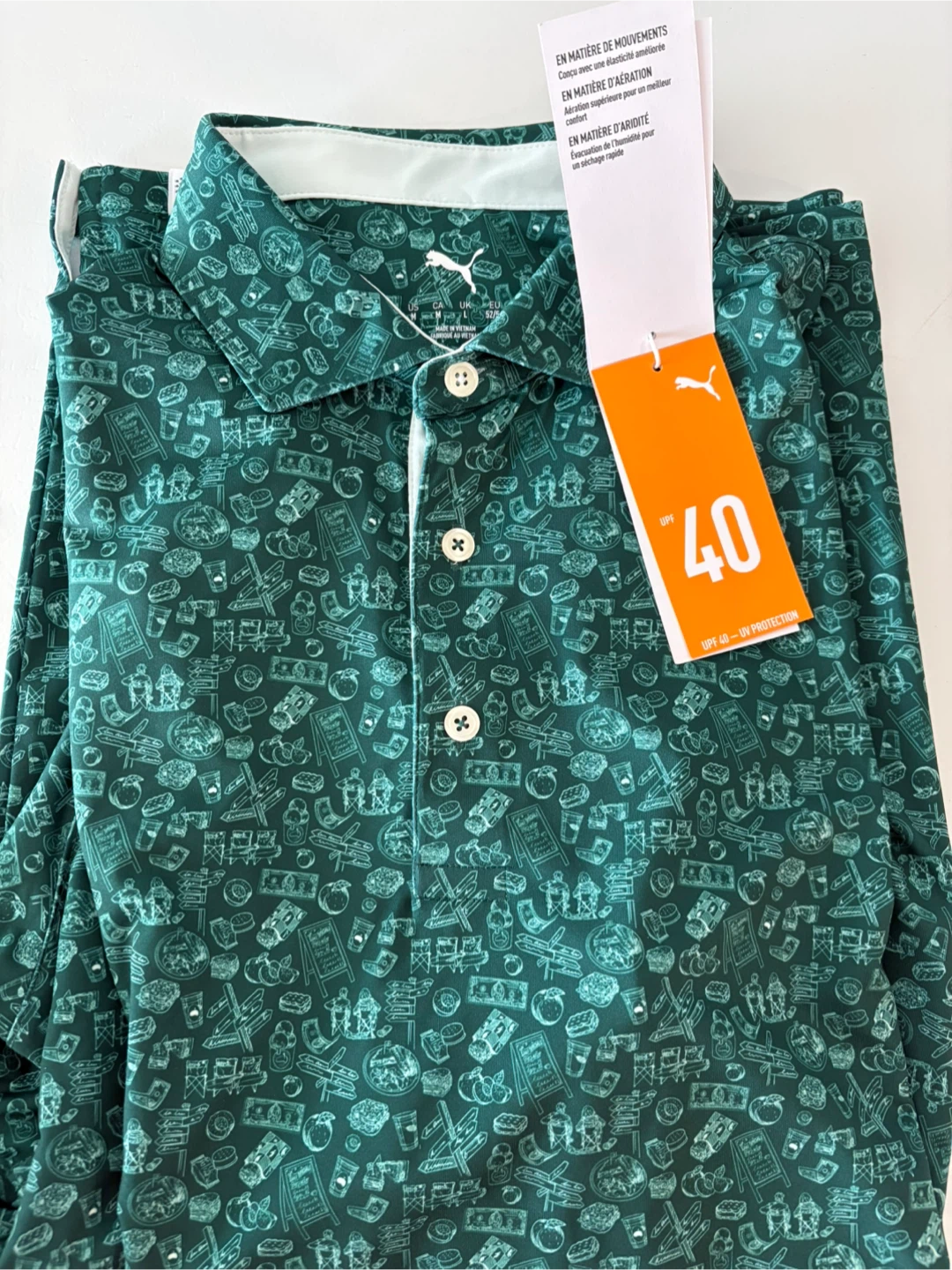 Puma Men's Golf Polo Shirt - Green All-Over Print Size M - photo 3