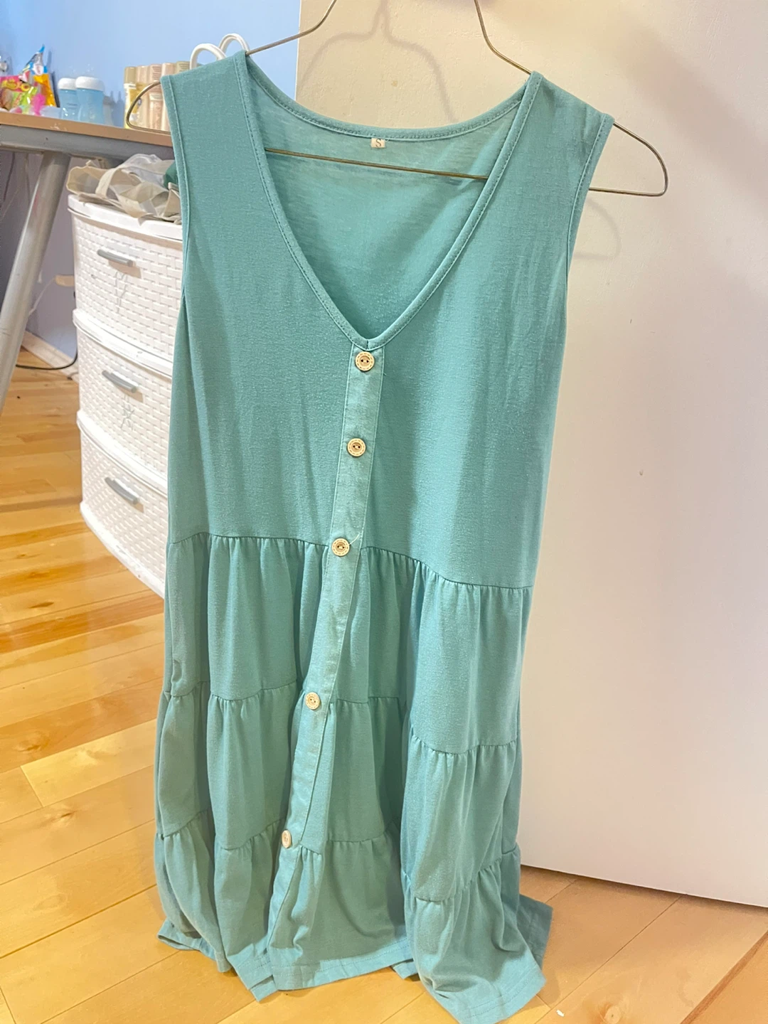 Teal Tiered Button-Front Sleeveless Dress