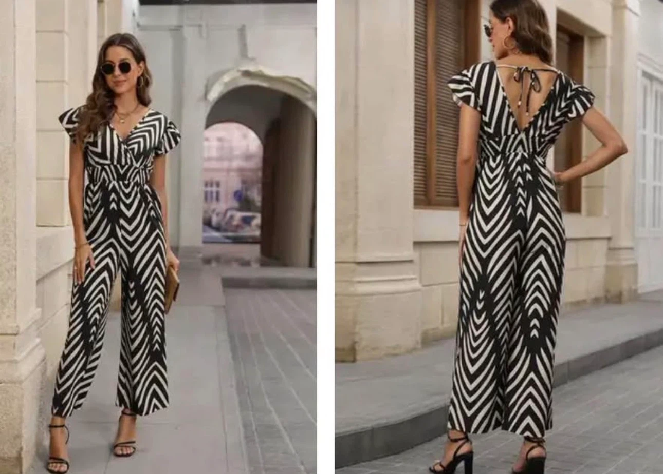 Women's Black and White Zig-Zag Jumpsuit. Size large