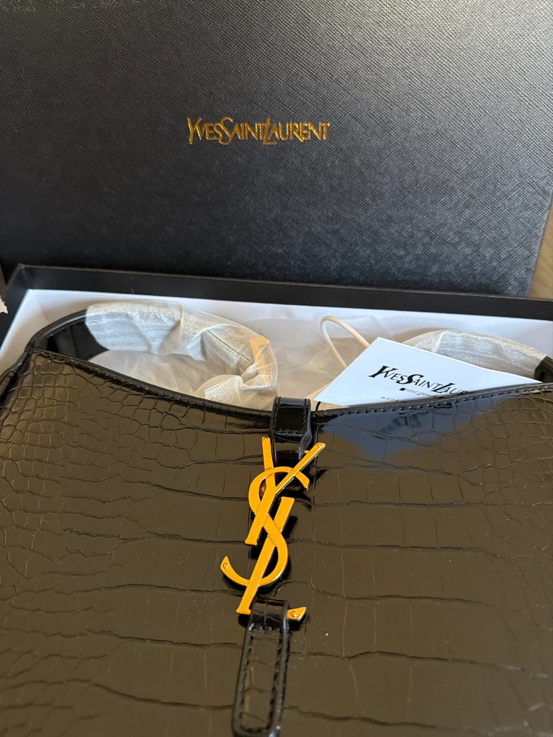 Yves Saint Laurent Black Croc Embossed Leather Shoulder Bag