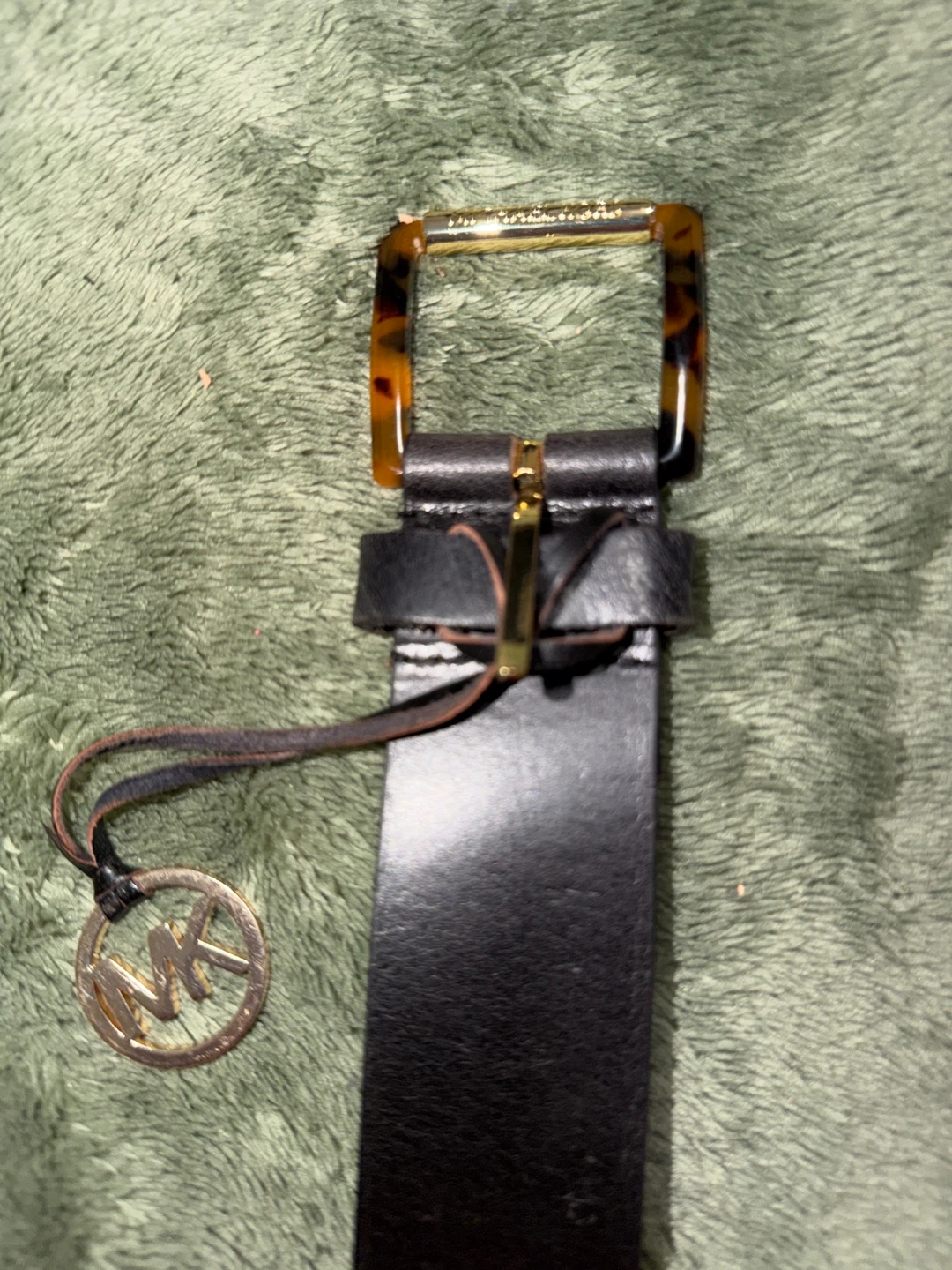 Michael Kors Black Leather Belt with Tortoise Buckle - Medium