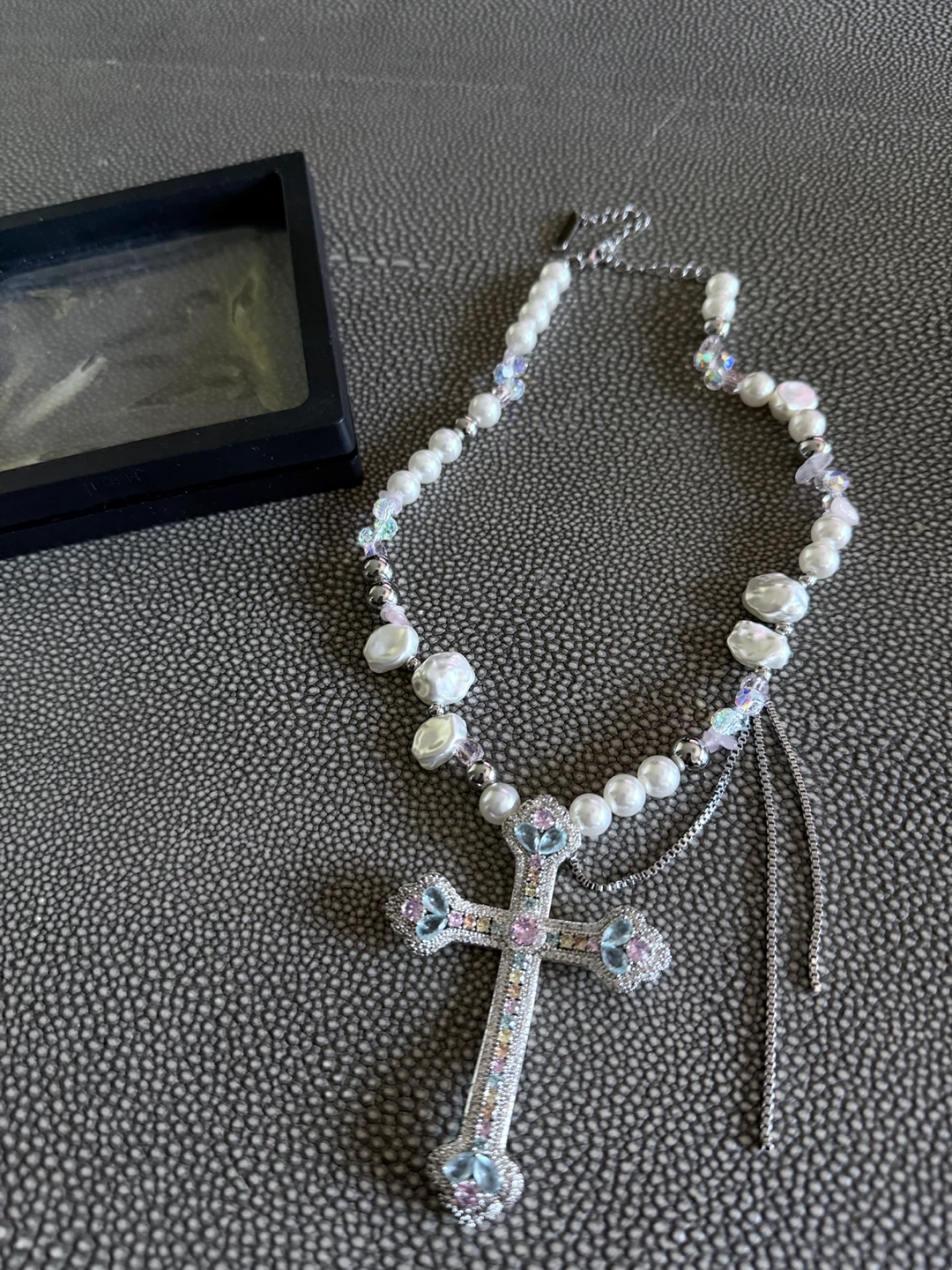 Beaded Cross Necklace with Pearls and Rhinestones