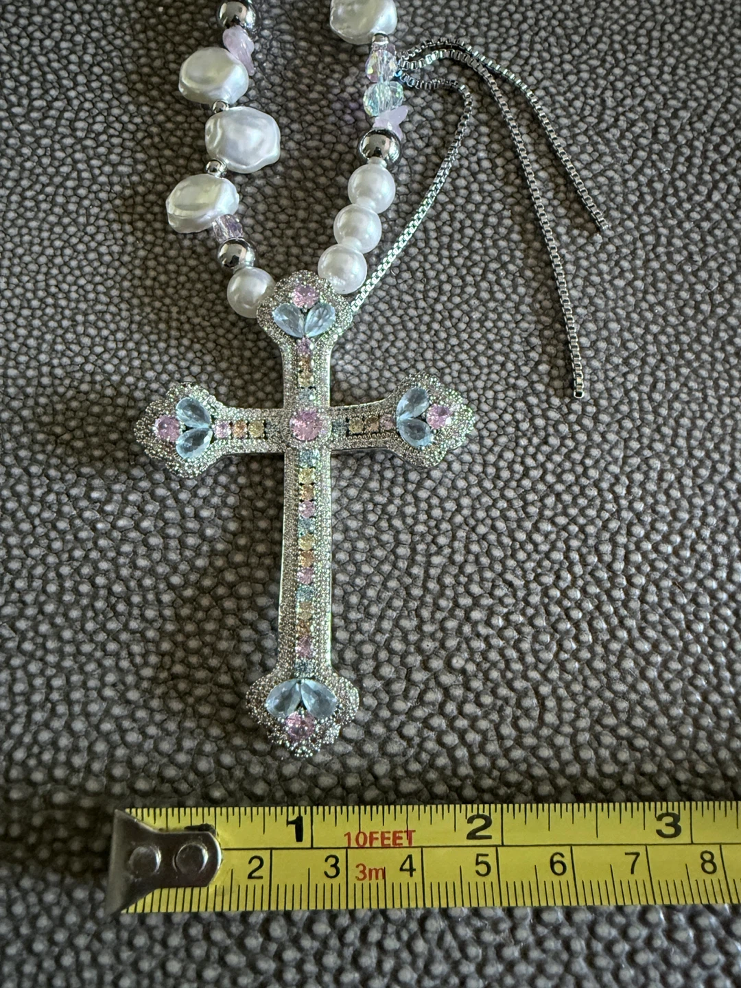Beaded Cross Necklace with Pearls and Rhinestones - photo 4