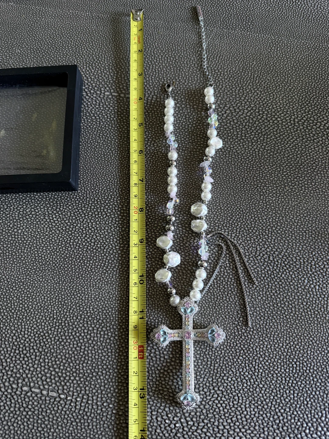 Beaded Cross Necklace with Pearls and Rhinestones - photo 3