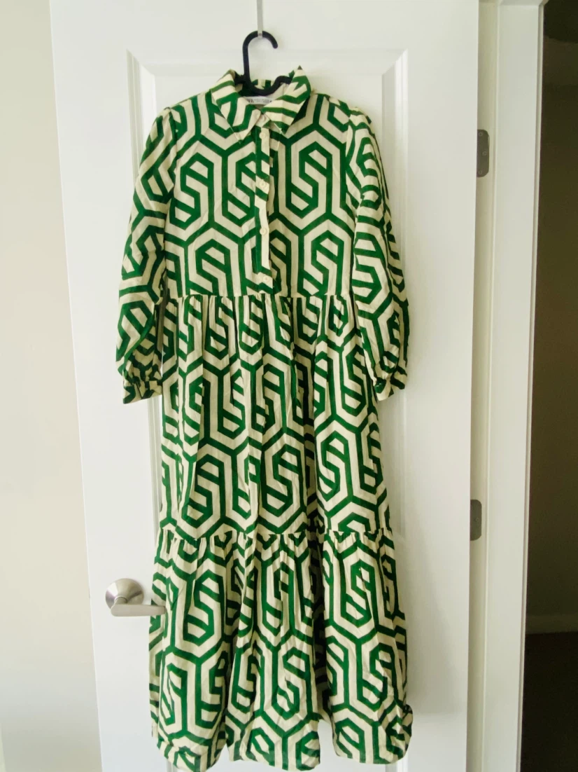 ZARA Geometric Print Tiered Maxi Dress Green/Cream