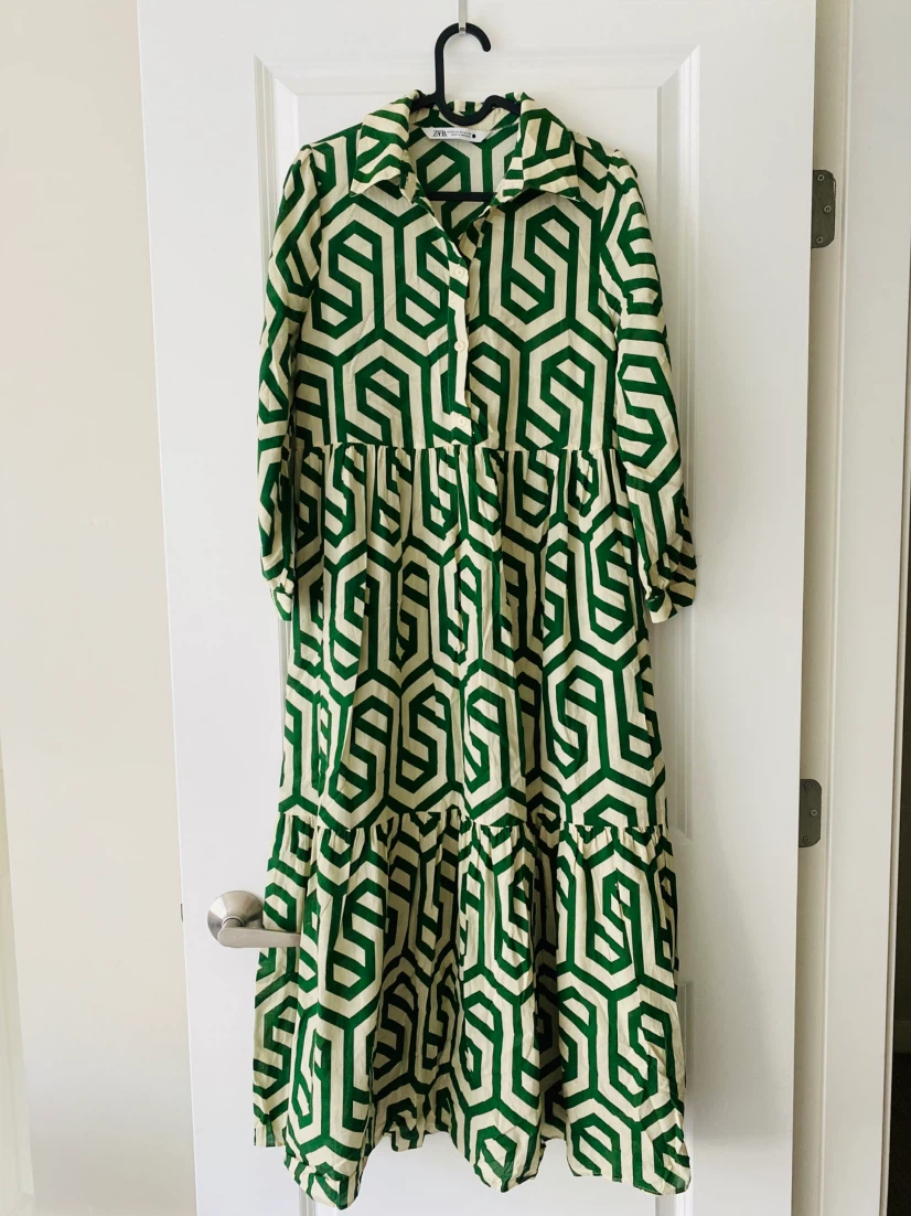 ZARA Geometric Print Tiered Maxi Dress Green/Cream - photo 2