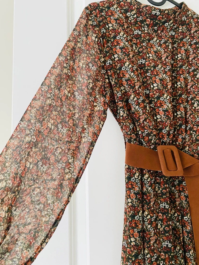 Floral Print Long Sleeve Midi Dress with Belt - photo 2